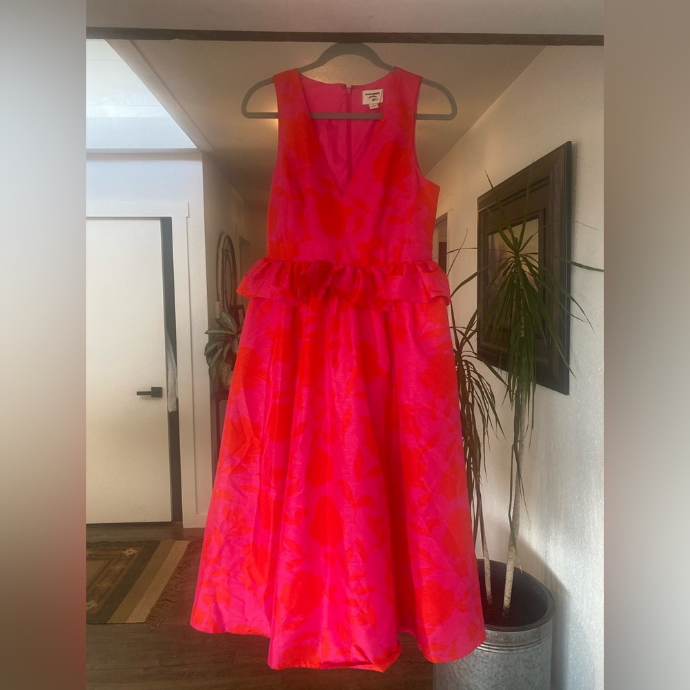 Kate Spade Vibrant Pink Red Party Dress Sleeveless V Neck Ruffe‎ Waist Women’s 6